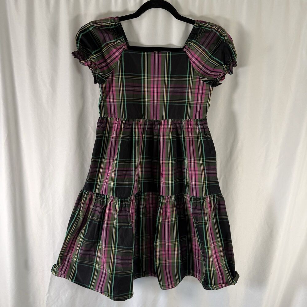 Crewcuts Dress Girls 10 Purple Black Plaid Zip Back Square Neck Short Sleeve